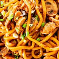 Chicken Udon · Udon noodles stir fried with soy sauce, chicken breast and vegetables.