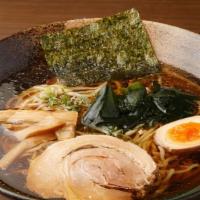 Shoyu Ramen · Lightly flavored pork broth with soy sauce, pork chashu, onse tamago, bean sprouts, green on...