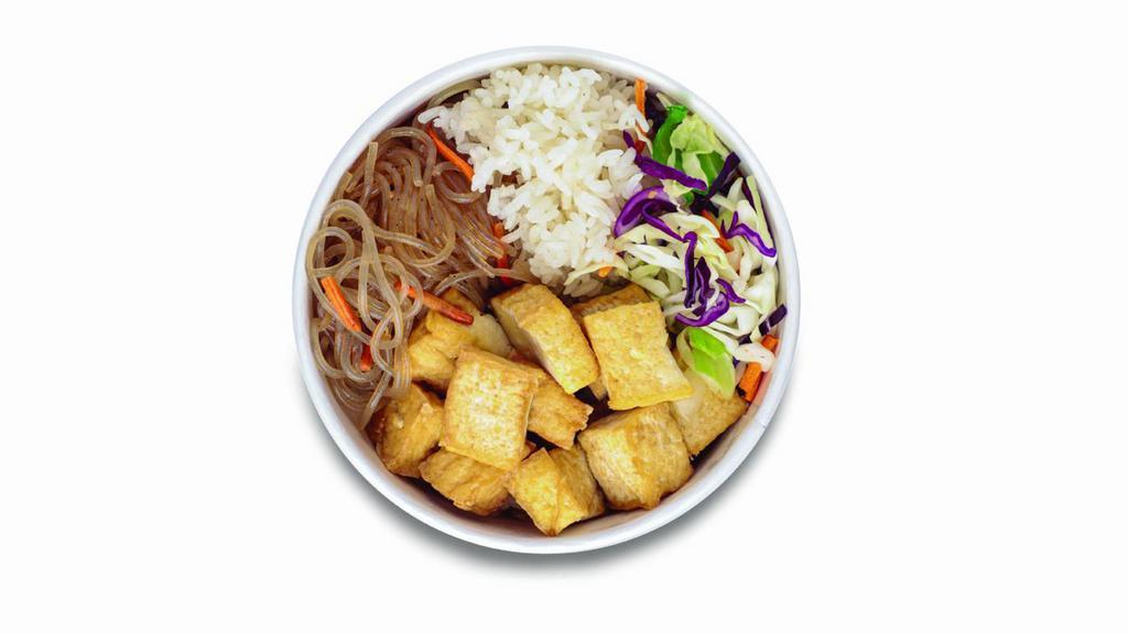 Doochi Bop · Korean style stir-fried tofu. Served with rice, cabbage mix, and noodle. *Vegan without lime sauce and spicy mayo sauce.
