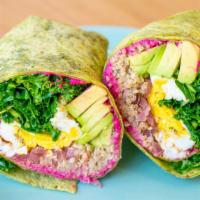 Quinoa Power Wrap · Egg, house-made beet almond hummus, kale, quinoa, avocado, pickled red onions, and house-mad...