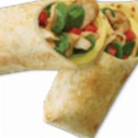 Southwest Omelet Wrap · Eggs, grilled chicken, pepper jack, tomatoes, spinach & chipotle mayo in a toasted flour tor...