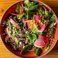Salad Bowl · Your choice of protein on a bed of greens with pepitas, bico (beet pico de gallo) & a lemon ...