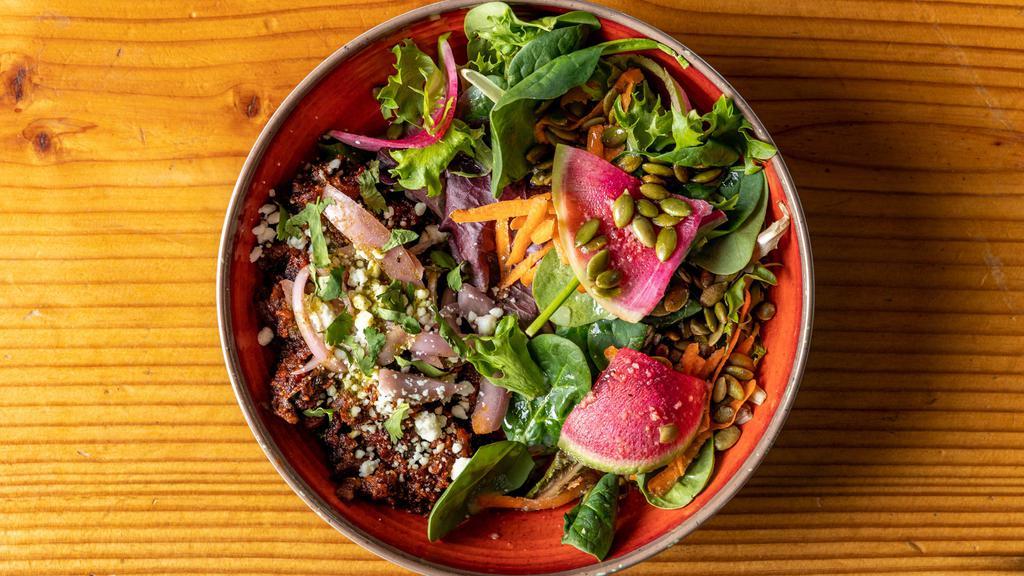 Salad Bowl · Your choice of protein on a bed of greens with pepitas, bico (beet pico de gallo) & a lemon vinaigrette.