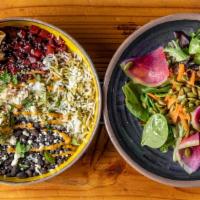 Vegetarian Outpost Plate · Black beans, rice, salad, bico (beet pico de gallo), queso fresco, cilantro, cabbage salad, ...