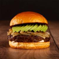 The House Burger · Beef patty, avocado, carmelized onions, and swiss cheese on a brioche bun.