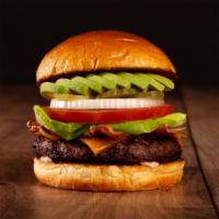 The Bacon Avocado Burger · Beef patty, bacon, lettuce, tomato, onion, pickles, mayo, avocado, and melted cheddar cheese...