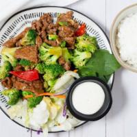 Beef Broccoli · Served with Rice and Salad.