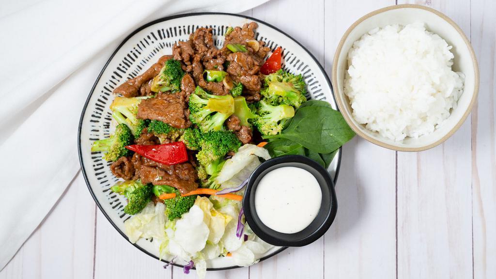 Beef Broccoli · Served with Rice and Salad.