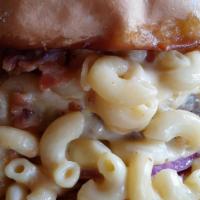 Mac N Cheese Burger · fresh ground chuck, truffle aioli, red onion, white american & cheddar cheese, topped with h...