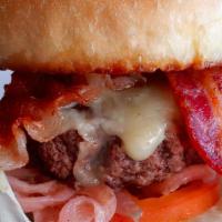 Craft Burger · fresh ground chuck, fontina cheese, bacon, caramelized onions, bbq sauce, iceberg lettuce, t...