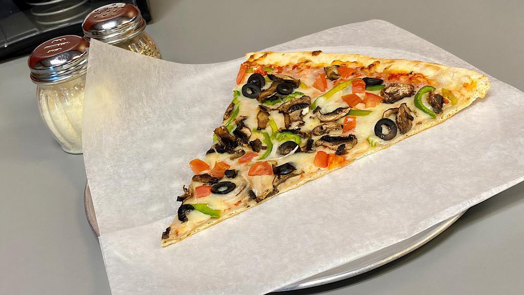 Veggie Pizza Slice · Onions, green peppers, olives, mushrooms, tomatoes & garlic.