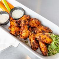 Wings (Gf) · (8ct) choice of buffalo, lillie's q smoky BBQ, or mole dry rub served with carrot, celery, &...