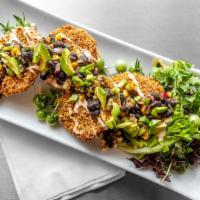 Fried Green Tomatoes (Gf) · mole spiced and cornmeal breaded green tomatoes, honey-chipotle field greens, avocado, black...