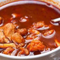 Chicken Pozole · Gluten-free. New mexican and pulla chilies, chicken broth, hominy, shredded chicken, tostada...