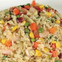 Chicken Fried Rice · Stir-fried chicken with onions, peas and rice.