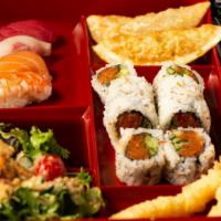 Sushi Bento Box · 4pcs nigiri spicy tuna roll vegetable tempura 2pc gyoza special salad