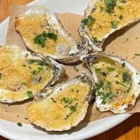 Roasted Oysters · Garlic Herb Butter, Ritz Crumb, Parmeson Cheese
