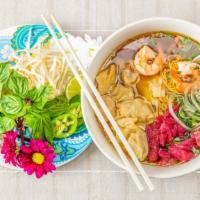 Wonton Egg Noodle Soup · Served with side of basil, lime, jalapeño, and bean sprouts.
