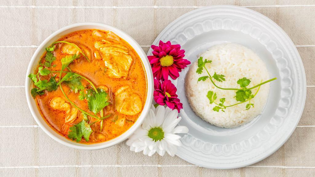 Panang Curry With Rice · Creamy Curry with carrots, potatoes, onions, and your choice of protein.