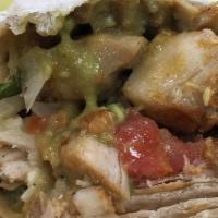 Pollo Asado Burrito · Grilled chicken with guacamole, and pico de gallo.
