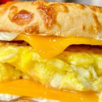 Egg & Cheddar Bagel Sandwhich · Delicious large bagel breakfast sandwiches, served all day!