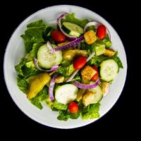 Italian Table Salad Small · Romaine lettuce, grape tomatoes, red onion, cucumber, pepperoncini, crutons
