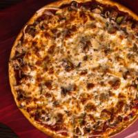 Sausage Supreme Pizza · Pizza Sauce, Pizza Cheese, Italian Sausage, Mushrooms, Onions and Green Peppers.