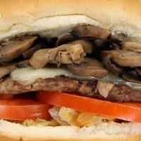 Mushroom Swiss Burger. · Mushrooms, mayonnaise, grilled onions, tomato, Swiss cheese
