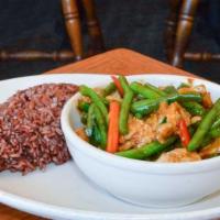 Green Bean · Green bean wok with your choice of meat, seafood, or tofu, and basil, in mild chili paste sa...