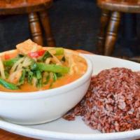 Red Curry · Choice of meat, seafood, or tofu in spicy coconut milk red curry with zucchini, green bean, ...
