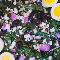 Spinach Salad · Spinach, feta, bacon, pesto, onion, olives, two hard boiled eggs, and house dressing. Add pr...