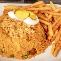 Arroz Con Pollo · Shredded chicken mixed with rice, peas, carrots, beef sausage. Served with fries and hard bo...