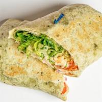 Southwest Wrap · Spinach tortilla, lettuce, tomatoes, onion, avocado, provolone spicy chicken,  mustard and m...