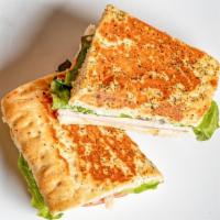 Glendale Club · Focaccia bread, Gouda cheese, mayo, mustard, turkey, ham, Turkey bacon, lettuce, tomatoes, a...