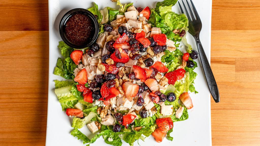 Mixed Berry Salad · Romain lettuce, strawberry, blueberry, cranberry, walnuts, chicken, blue cheese and strawberry dressing. Calories 490, protein 37, fat 35, carbs 35.