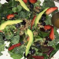Quinoa Kale Salad · Kale, quinoa, cranberry, blueberry, avocado and lemon zest dressing. Calories 283, protein 1...