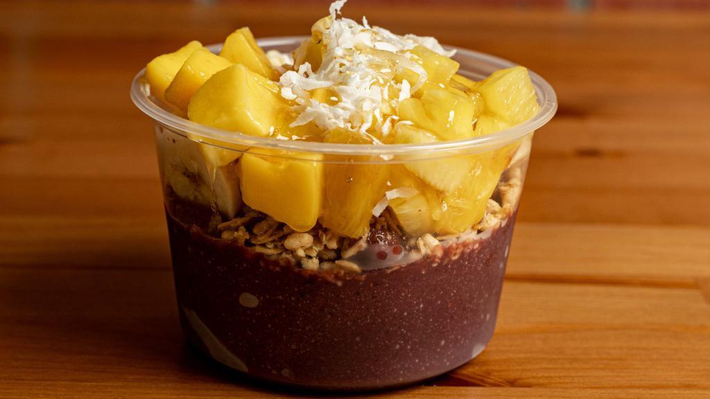 The Hawaiian (Bowl) · Acai/pitaya topped with granola, banana, mango, pineapple, coconut, and honey.  Calories 460, protein 6, fat 12, carbs 84.