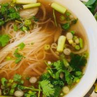Plain Pho · Rice noodles, cilantro, basil, bean sprouts and sliced onions served in a savory beef broth.