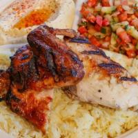 1/4 Flame Grilled Chicken Plate · Two pieces leg and thigh or breast and wing. Flame grilled chicken marinated with lemon and ...
