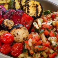 Veggie Kebab Bowl · Marinated skewers of mushroom, tomato, onion, zucchini, and bell peppers with rice, Israeli ...