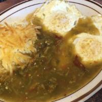 Green Chile & 2 Eggs · Served with hash browns, fried potatoes, or beans, choice of bread.