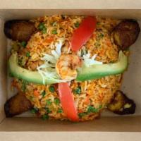 Arroz Colombiano · A blend of shrimp, sausage, and rice cooked in RE's tomato blend and achiote, celery, onions...