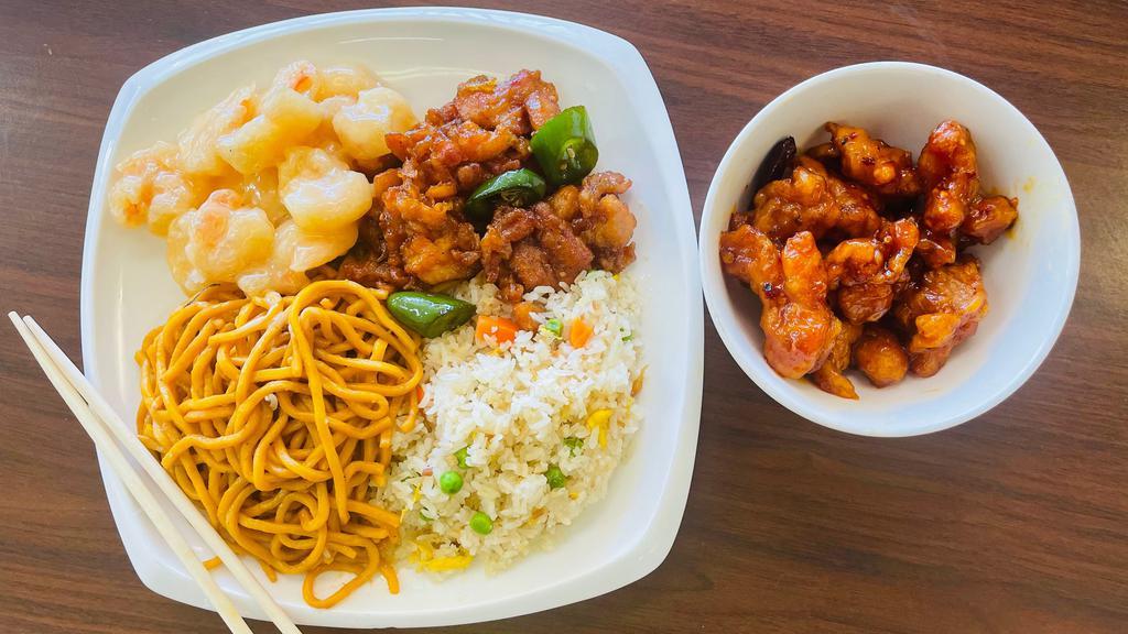 Super Combo · Any 3 Entrees and 1 Side. Includes canned drink or spring roll.