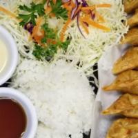 Gyoza Dinner Plate · All meals come with rice salad and teriyaki sauce.