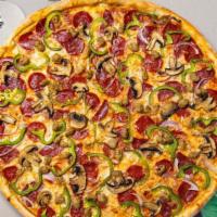 Loaded Life Pizza · Fresh mushrooms, green peppers, red onions, pepperoni, and fresh mozzarella  baked on a hand...