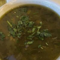 Lentil Soup Bowl (Gluten Free And Vegan) · Lentils, cilantro, spinach, garlic, onions, potatoes, lemon juice and spices.