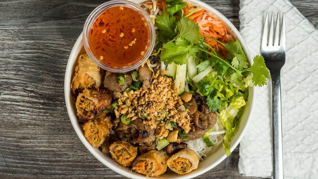 Bún/Rice Vermicelli Noodles · Rice vermicelli noodles, romance lettuce, sprout, pickle carrots and daikon, cucumber, crispy shallots, crushed peanut, and oil scallion. Served with sweet vinaigrette fish sauce or garlic soy-sauce.