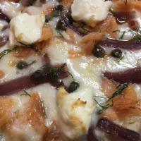 Boundary Waters · Housemade garlic olive oil, mozzarella, wild Alaskan smoked salmon, caramelized red onions, ...