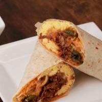 Ct Crunch Breakfast Burrito  · Eggs, ribeye steak, caramelized onions, poblano peppers, mushrooms in a spicy red salsa roll...