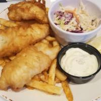 3 Piece Fish & Chips · Three pieces of tempura beer battered Alaskan cod, served with coleslaw and fries.